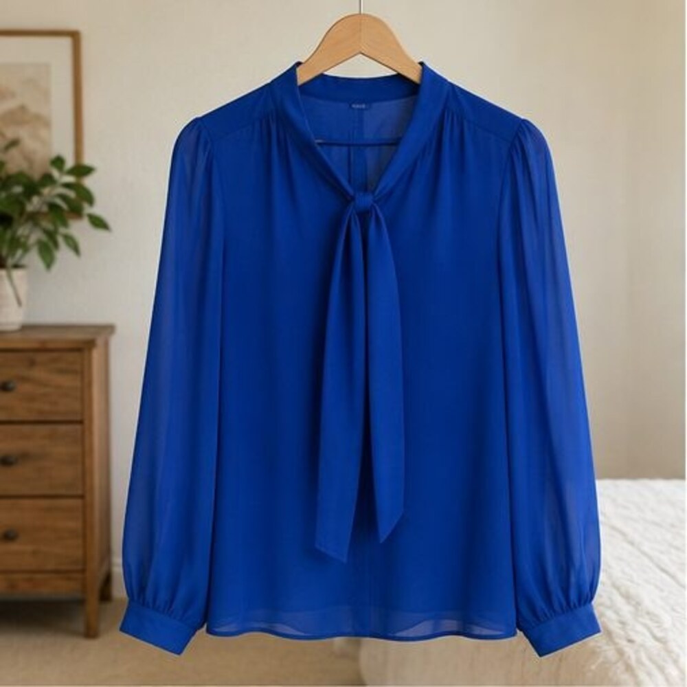 Cobalt Chiffon Tie Neck Blouse